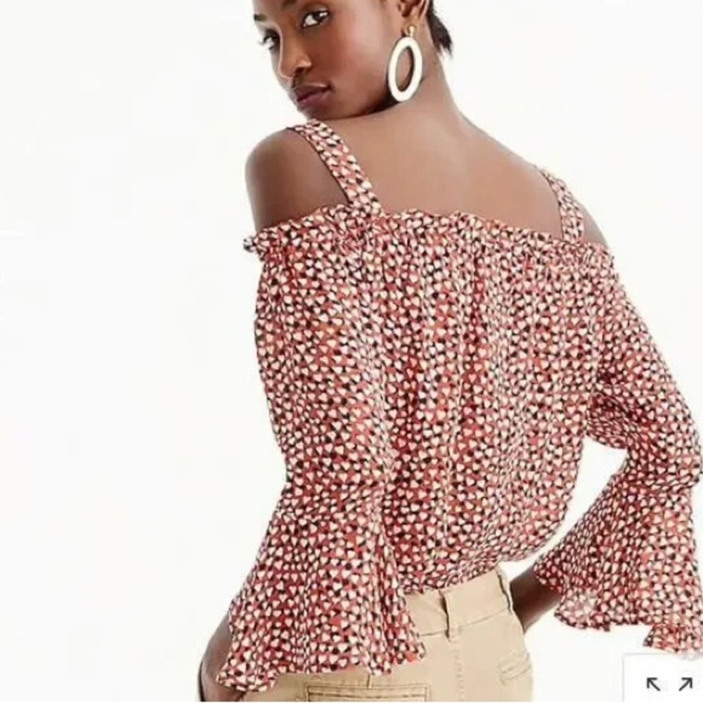 J. Crew Heart Print Off-Shoulder Blouse 100% Silk Red Blue White Ruffle Size 4
